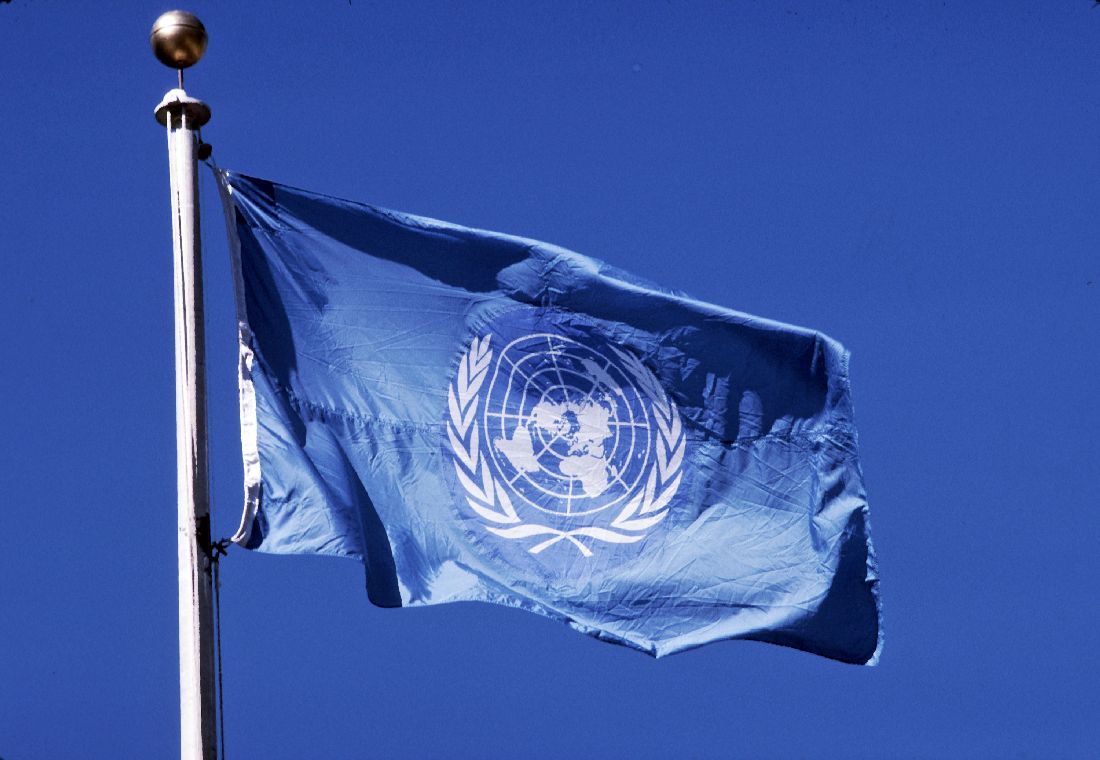  Флаг ООН развевается с шеста перед штаб-квартирой ООН в Нью-Йорке.